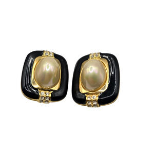 Clip On Earrings Black Enamel Gold Tone Faux Pearl Rhinestone Bold SKU2392